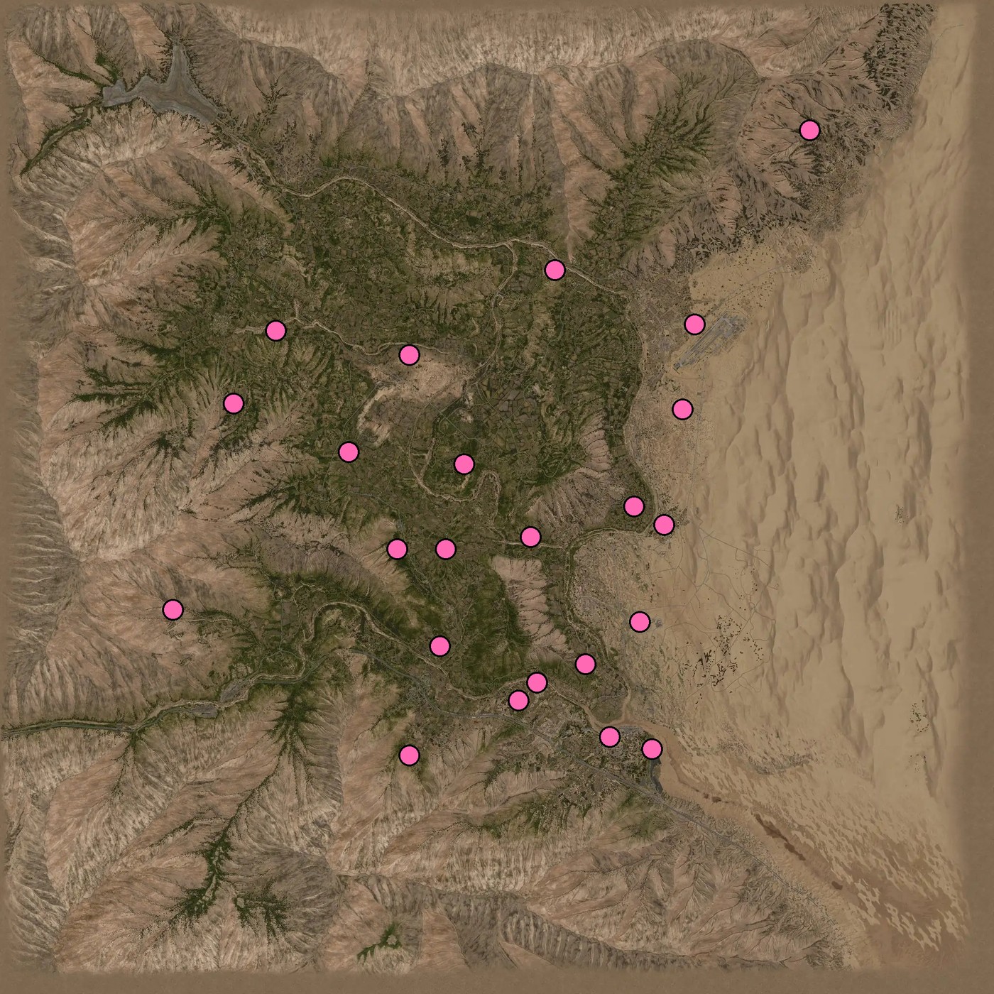 Clean Nasdara map with pink dots at all 23 known bunker grids