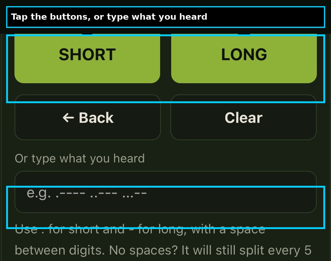 Kyle decoder with SHORT and LONG buttons and the type what you heard box outlined in blue